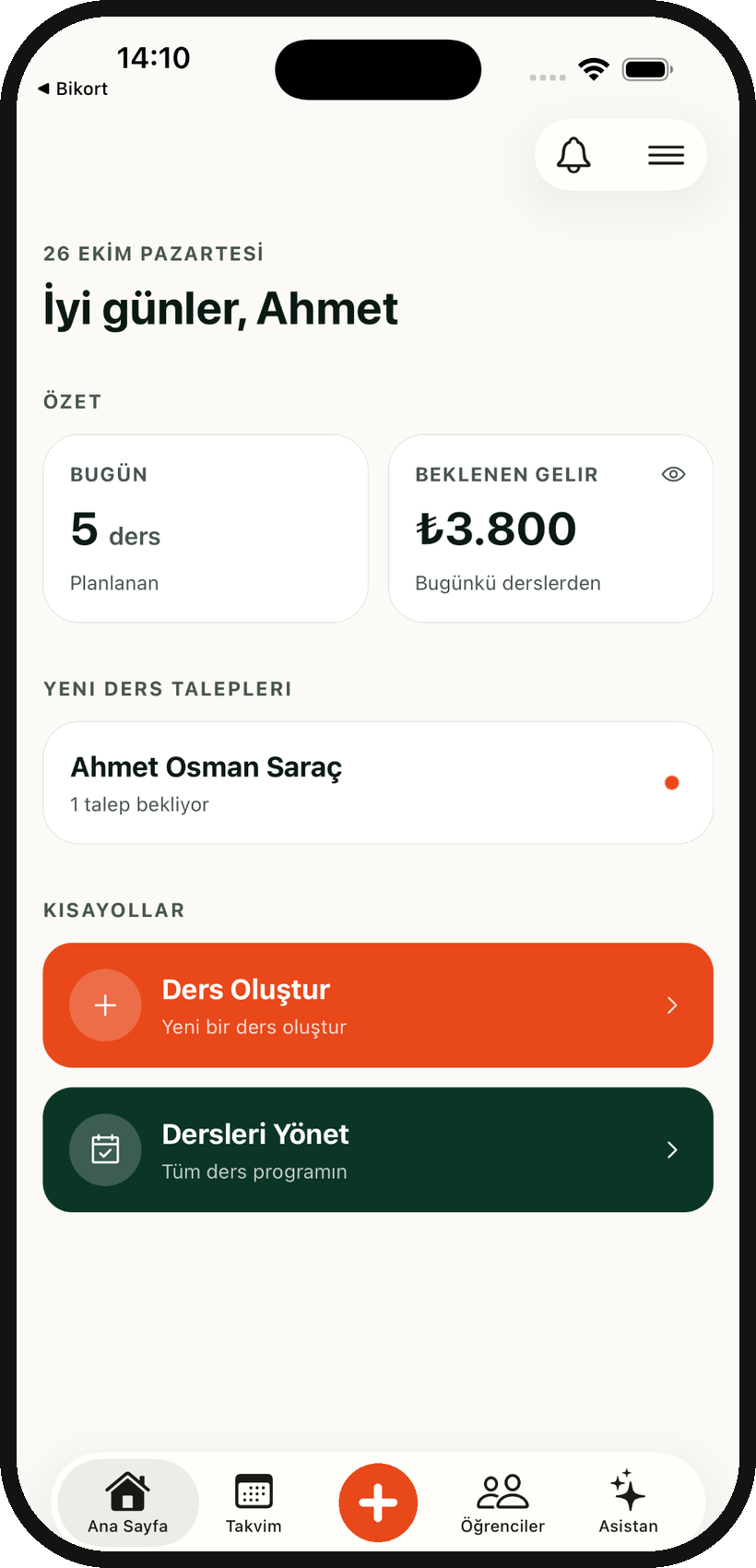 Bikort Pro ana sayfa ekranı: günün dersleri ve yeni ders talepleri