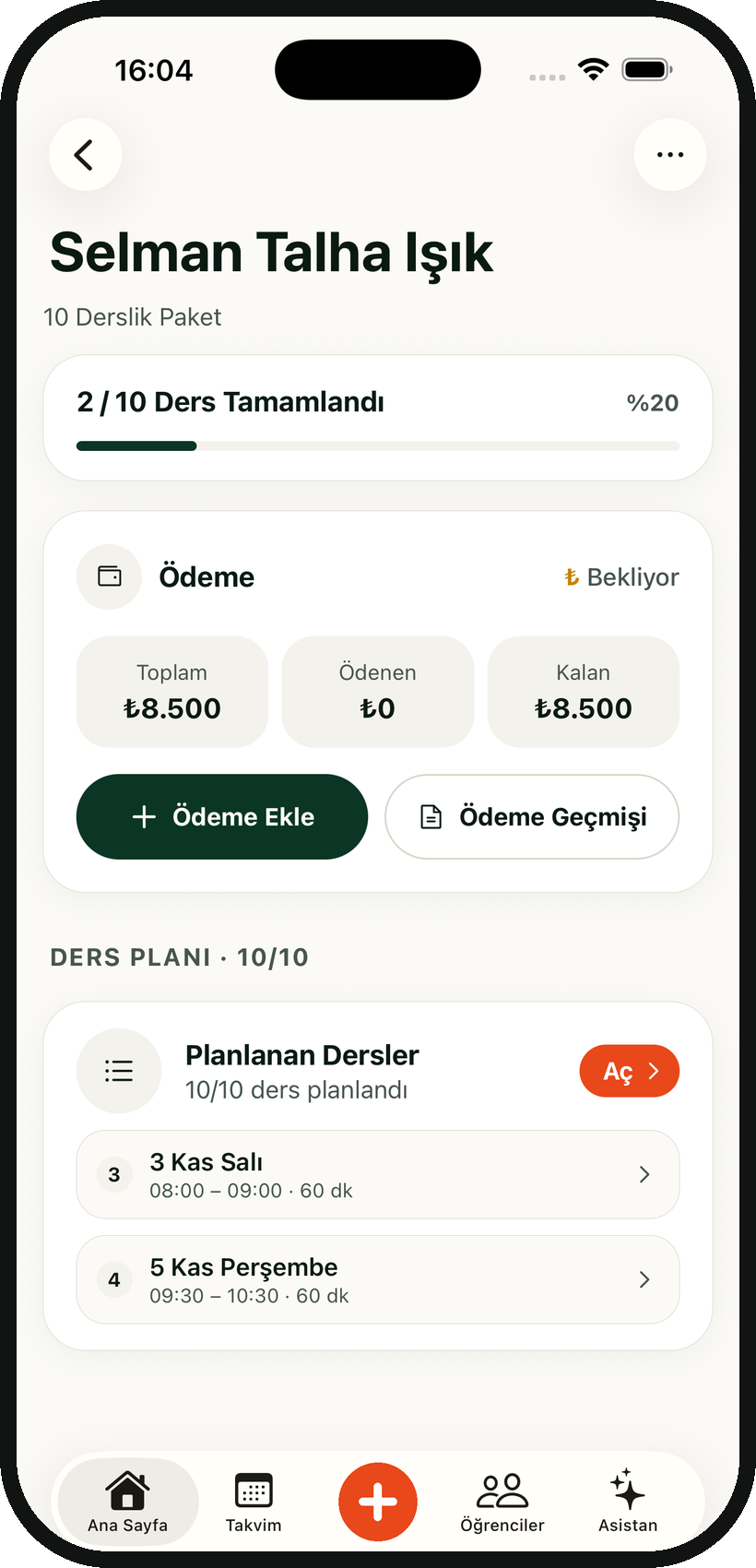Bikort Pro paket detay ekranı: ödeme takibi ve ders planı
